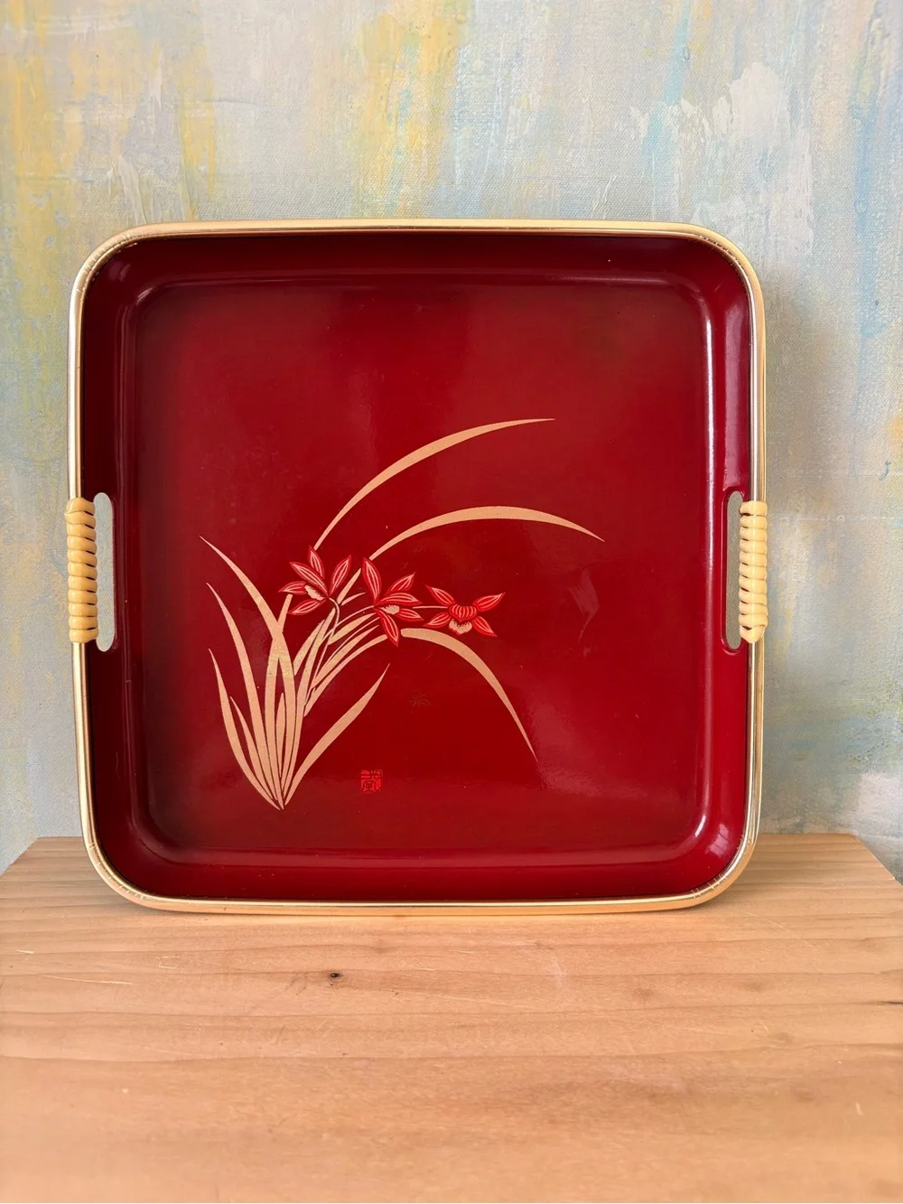 Vintage 1980s Lacquerware-Style Black and Red Floral Peacock Vanity Trays